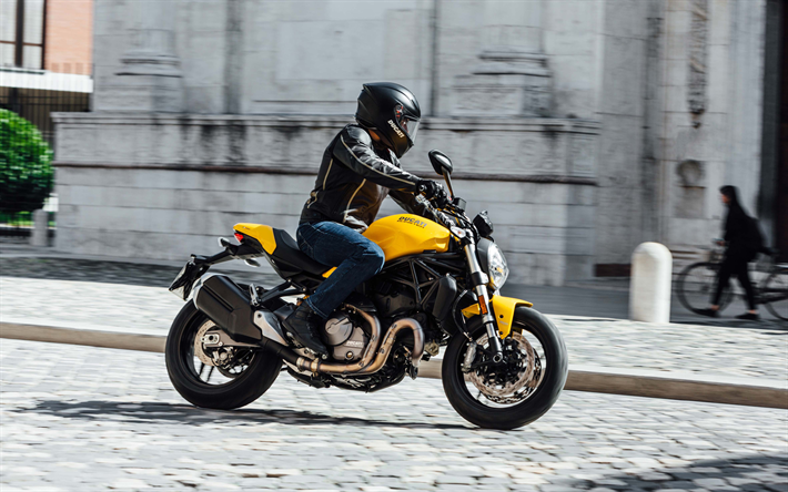 2018, Ducati Monster 821, 4k, city motorcycle, side view, new yellow Monster 821, Japanese motorcycles, motorcycle riding concepts, Ducati