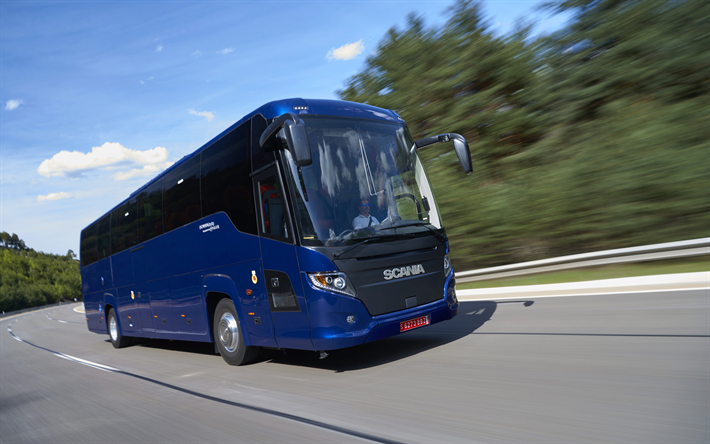 4k, Scania Touring, road, 2018 bussar, bl&#229; buss, persontransporter, Scania