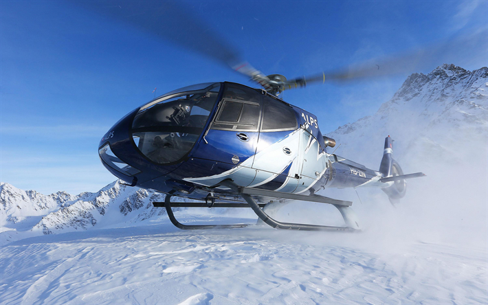 Eurocopter EC130, 4k, light helicopter, EC130B4, mountains, Alps, snow, rescue helicopters