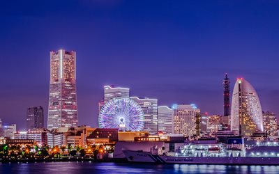 Yokohama, ferriswheel, night, cityscape, skyline, Japanese city, Japan