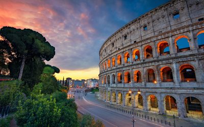 Roma, el Coliseo, la noche, el anfiteatro, la puesta de sol, antigua y bella ciudad, calles, lugares de inter&#233;s, monumentos de Roma, Italia