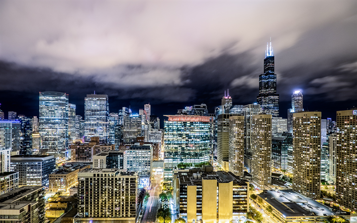 USA, Chicago, 4k, paesaggi notturni, grattacieli, edifici moderni, America