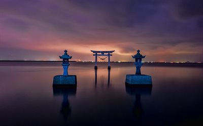 torii, kumamoto, night, Japanese gate, water, ritual gate, Japanese religion, red gate, Japan