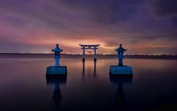 torii, i kumamoto, natt, Japansk gate, vatten, ritual gate, Japansk religion, red gate, Japan