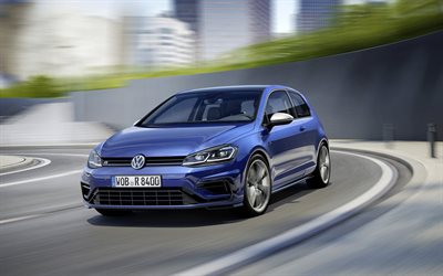 Volkswagen Golf R, 2019, 4k, front view, exterior, new blue Golf, hatchback, German cars, VW Golf R
