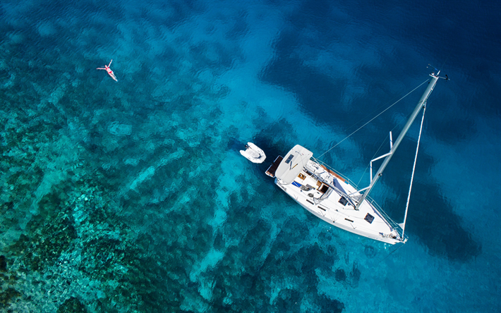 white yacht, sea, relax, vacation, top view, travel, summer, blue lagoon