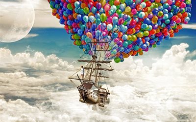 multicolored balloons, flying ship, flight in a dream, sky, clouds