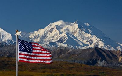 Drapeau des &#201;tats-unis, paysage de montagne, le drapeau Am&#233;ricain, le 4 juillet, symbole national, drapeau des &#233;tats-unis