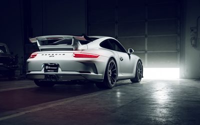 Porsche 911 GT3, rear view, white sports coupe, tuning 911 GT3, sports car, German cars, Garage, Porsche