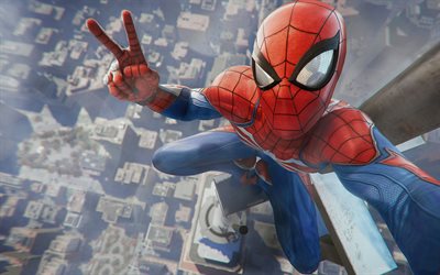 Spiderman, superhj&#228;lte, selfie, skyskrapa, h&#246;jd, konst, filmen tecken