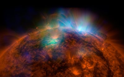 Solen, n&#228;ra, open space, solar system, flash i solen begrepp, magnetiska stormar orsakar