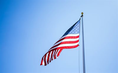 4k, Flag of USA, flagpole, American flag, national symbols, USA national flag, blue sky, flag of America, USA, United States flag