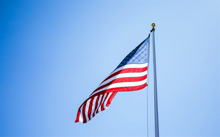 4k, Flag of USA, flagpole, American flag, national symbols, USA national flag, blue sky, flag of America, USA, United States flag