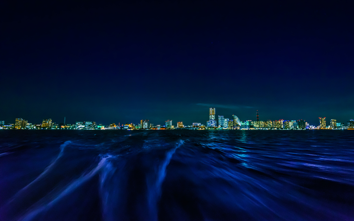 Tokyo Bay, Yokohama, natt, horisont, stadsbilden, Japan, stadens ljus