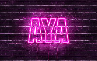 A lua, 4k, pap&#233;is de parede com os nomes de, nomes femininos, Aya nome, roxo luzes de neon, Feliz Anivers&#225;rio Aya, imagem com Aya nome