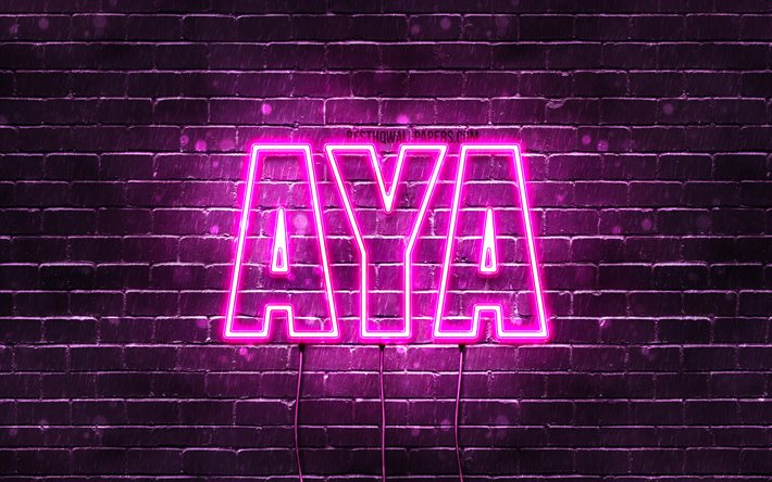 A lua, 4k, pap&#233;is de parede com os nomes de, nomes femininos, Aya nome, roxo luzes de neon, Feliz Anivers&#225;rio Aya, imagem com Aya nome