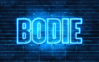 Bodie, 4k, fondos de pantalla con los nombres, el texto horizontal, Bodie nombre, Feliz Cumplea&#241;os Bodie, luces azules de ne&#243;n, de la imagen con el nombre de Bodie