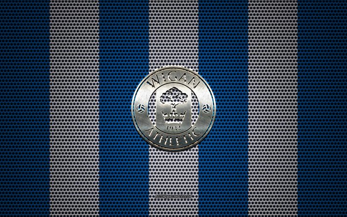 FC Wigan Athletic logo, English football club, metal emblem, blue and white metal mesh background, FC Wigan Athletic, EFL Championship, Wigan, Greater Manchester, England, football