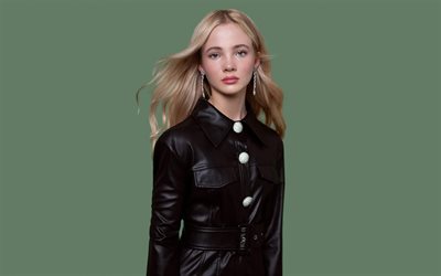 Freya Allan, English actress, portrait, photoshoot, black leather jacket, popular actresses