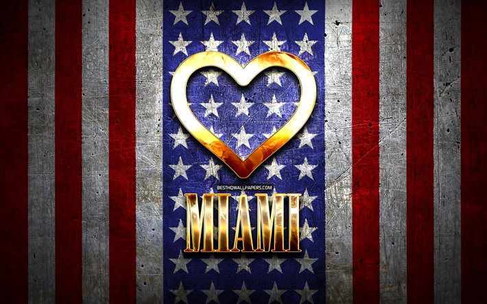 Rakastan Miami, amerikan kaupungit, kultainen kirjoitus, USA, kultainen syd&#228;n, amerikan lippu, Miami, suosikki kaupungeissa, Rakkaus Miami