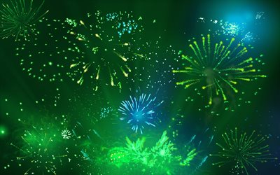 green fireworks, festive fireworks, green background, festival, background with fireworks