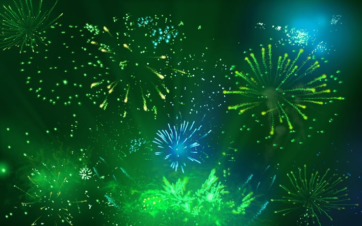 verde de los fuegos artificiales de fiesta, fuegos artificiales, fondo verde, un festival con fuegos artificiales de fondo