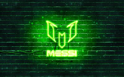 Lionel Messi logo verde, 4k, verde, brickwall, Leo Messi, fan art, Lionel Messi, logo, stelle del calcio, Lionel Messi neon logo