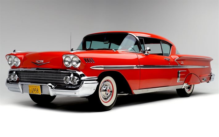 Chevrolet Impala, retro cars, 1958 cars, american cars, red imapala, 1958 Chevrolet Impala, Chevrolet