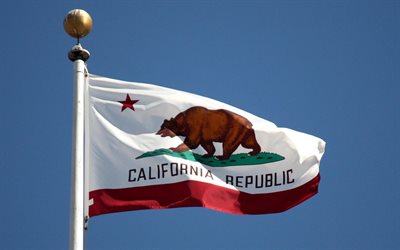 Flag of California, blue sky, flagpole, american state, flagpole with California flag, USA, California flag