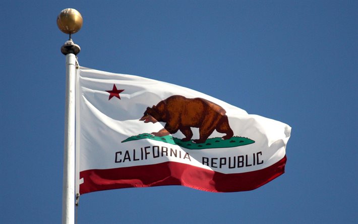 flagge von kalifornien, blauer himmel, fahnenmast, der amerikanische staat, fahnenmast mit kalifornien-flagge, usa, kalifornien, kalifornien-flagge