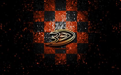 Anaheim Ducks, glitter, logo, NHL arancione nero a scacchi, sfondo, stati UNITI, americano, squadra di hockey, Anaheim Ducks logo, mosaico, arte, hockey, America