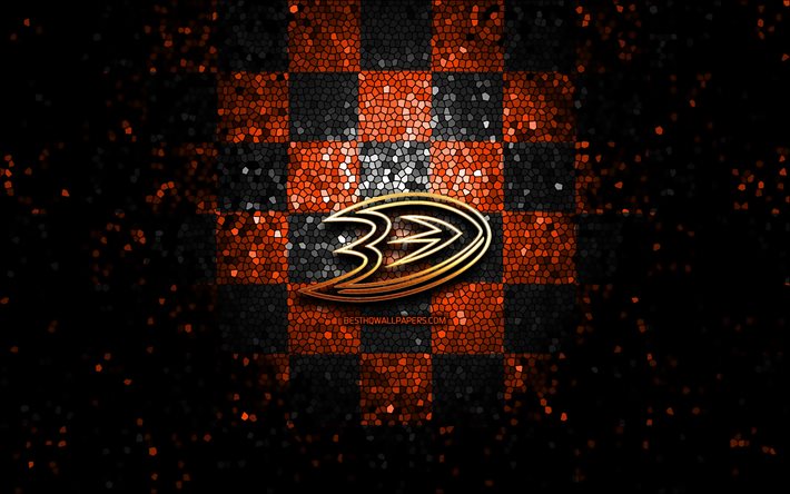 Anaheim Ducks, glitter logo, NHL, orange black checkered background, USA, american hockey team, Anaheim Ducks logo, mosaic art, hockey, America