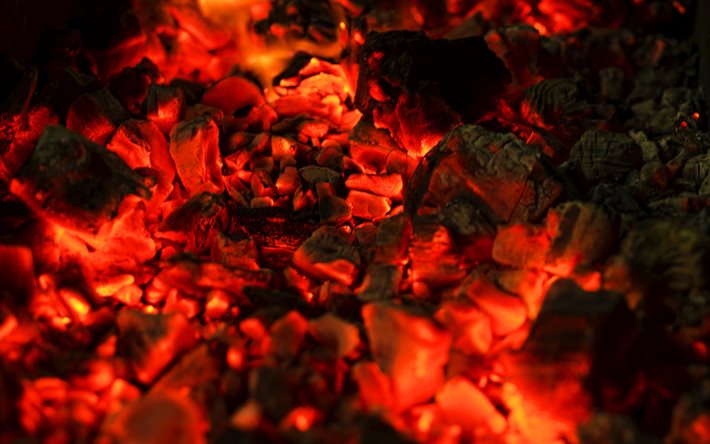 braises de charbon de bois, 4k, le feu de textures, charbon de bois, les textures, la chemin&#233;e, le feu milieux