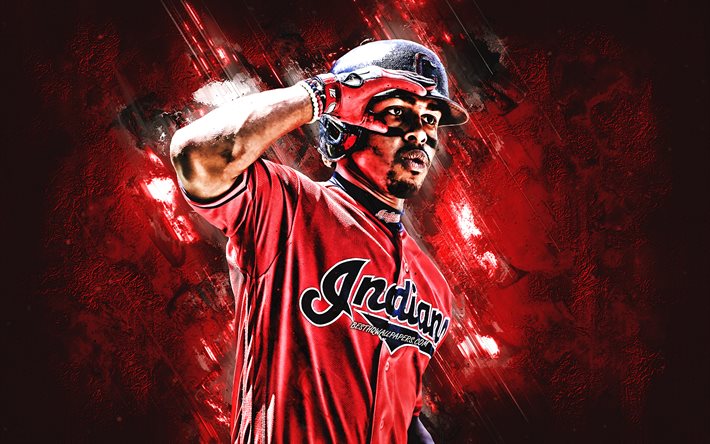 Francisco Lindor, Cleveland Indians, MLB, Portoricaine joueur de baseball, portrait, rouge, pierre fond, le baseball, Ligue Majeure de Baseball