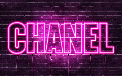 Chanel, 4k, tapeter med namn, kvinnliga namn, Chanel namn, lila neon lights, Grattis P&#229; F&#246;delsedagen Chanel, bild med Chanel namn