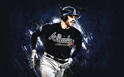 Freddie Freeman, Atlanta Braves, MLB, american baseball player, portrait, blue stone background, baseball, Major League Baseball