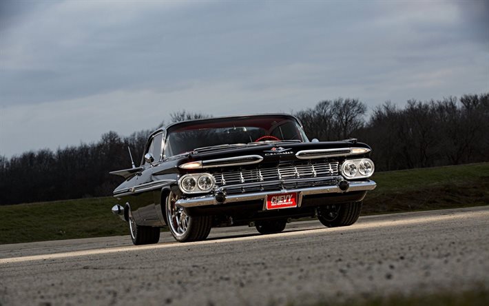 Chevrolet Impala, retro cars, 1959 cars, american cars, black imapala, 1959 Chevrolet Impala, Chevrolet