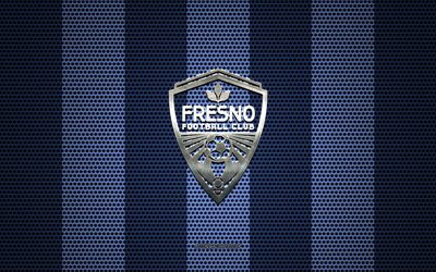 Fresno FC logo, American soccer club, metal emblem, blue metal mesh background, Fresno FC, USL, Fresno, California, USA, soccer