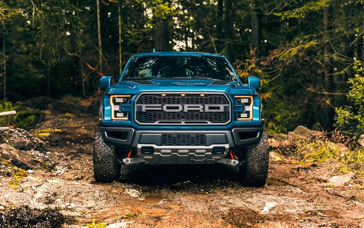 Ford F-150 Raptor, 2020, front view, exterior, blue pickup truck, new blue, forest, new blue F-150 Raptor, american cars, Ford