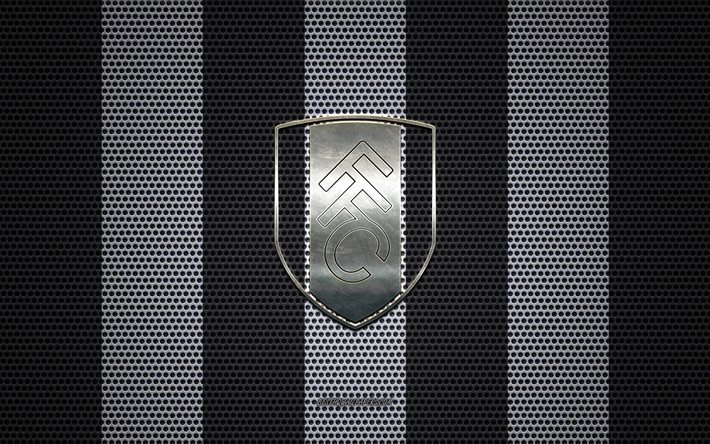 Fulham FC logo, club di calcio inglese, metallo emblema, in bianco e nero di maglia di metallo sfondo, il Fulham FC, EFL Campionato, Fulham, Londra, Inghilterra, calcio