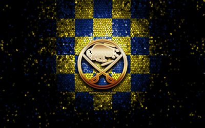 Buffalo Sabres, glitter logo, NHL, blue yellow checkered background, USA, american hockey team, Buffalo Sabres logo, mosaic art, hockey, America