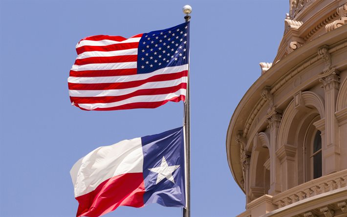 Bandiera USA, in Texas, bandiera, bandiera Americana, Texas State Capitol, Austin, bandiera del Texas, USA la bandiera sul pennone, USA, Texas bandiera sul pennone