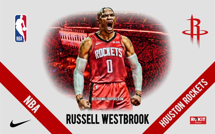 Russell Westbrook, Houston Rockets, American Basketball Player, NBA, portrait, USA, basketball, Toyota Center, Houston Rockets logo