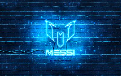 Lionel Messi azul do logotipo, 4k, azul brickwall, Leo Messi, f&#227; de arte, Lionel Messi logotipo, estrelas do futebol, Lionel Messi neon logotipo, Lionel Messi