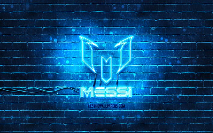 Lionel Messi blue logo, 4k, blue brickwall, Leo Messi, fan art, Lionel Messi logo, football stars, Lionel Messi neon logo, Lionel Messi