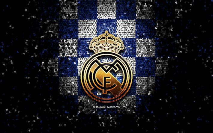 O Real Madrid FC, glitter logotipo, A Liga, azul, branca, fundo quadriculado, futebol, O Real Madrid CF, clube de futebol espanhol, O Real Madrid logo, arte em mosaico, LaLiga, Espanha