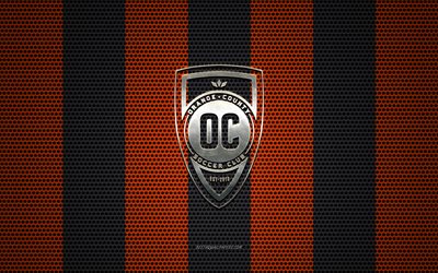 Orange County SC logo, American soccer club, metal emblem, orange-black metal mesh background, Orange County SC, USL, Orange County, California, USA, soccer