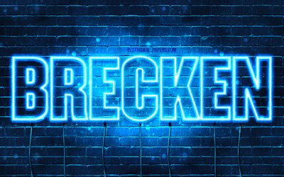 Brecken, 4k, fondos de pantalla con los nombres, el texto horizontal, Brecken nombre, Feliz Cumplea&#241;os Brecken, luces azules de ne&#243;n, imagen con Brecken nombre
