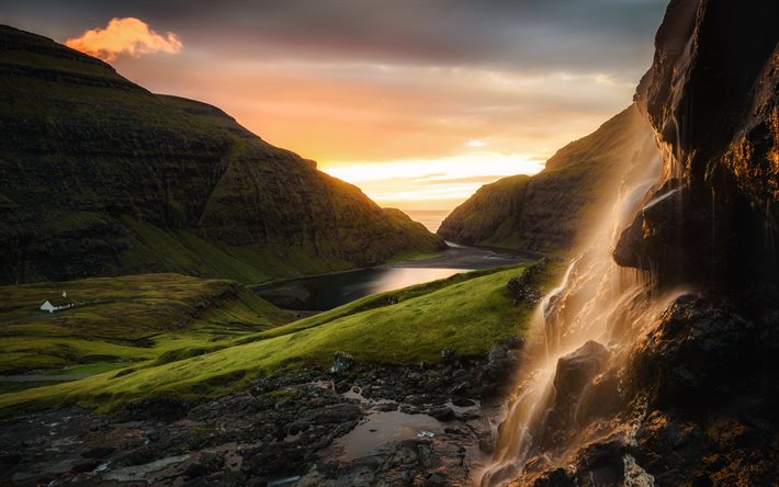 sunset, illalla, vuoret, fjord, Islanti, vihre&#228; niityt, kaunis maisema