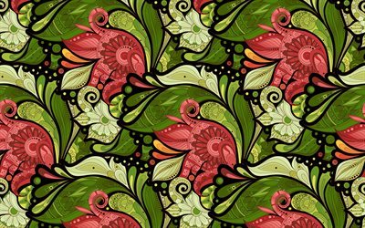 4k, paisley patterns, red flowers, green paisley background, floral patterns, background with flowers, retro floral background, retro paisley patterns